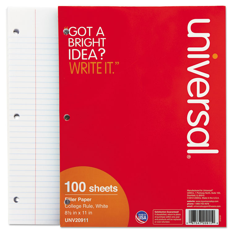 Universal® Filler Paper, 3-Hole, 8.5 x 11, Medium/College Rule, 100/Pack (UNV20911) Pack of 100