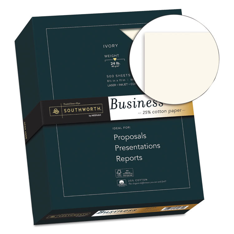 Southworth® 25% Cotton Business Paper, 95 Bright, 24 lb Bond Weight, 8.5 x 11, Ivory, 500 Sheets/Ream (SOU404IC) Box of 500