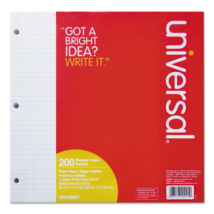 Universal® Filler Paper, 3-Hole, 8.5 x 11, Medium/College Rule, 200/Pack (UNV20921) Pack of 200