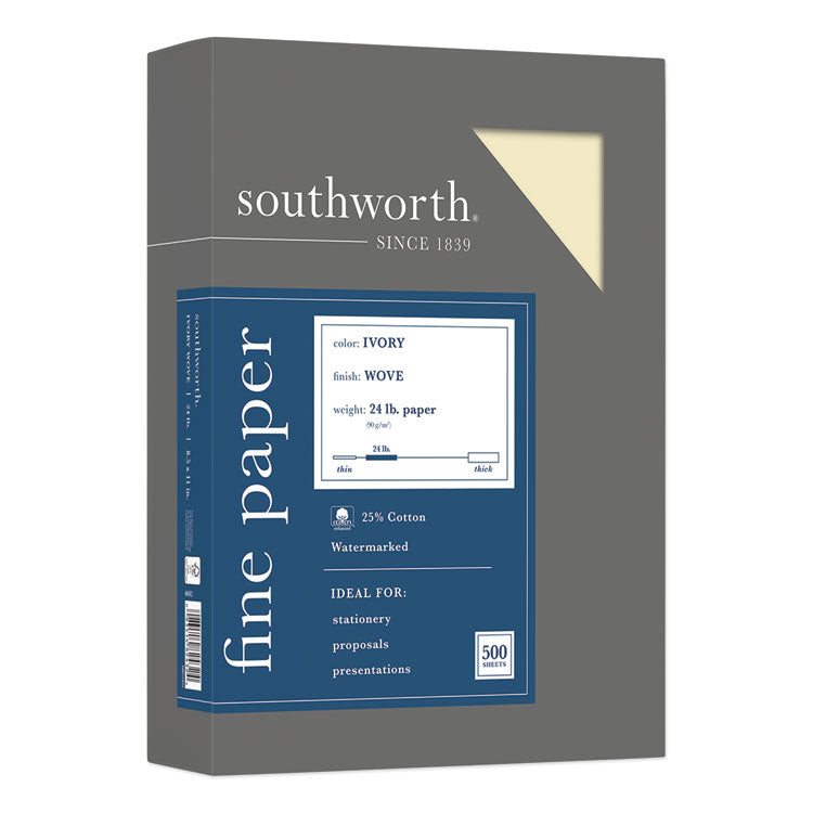 Southworth® 25% Cotton Business Paper, 95 Bright, 24 lb Bond Weight, 8.5 x 11, Ivory, 500 Sheets/Ream (SOU404IC) Box of 500