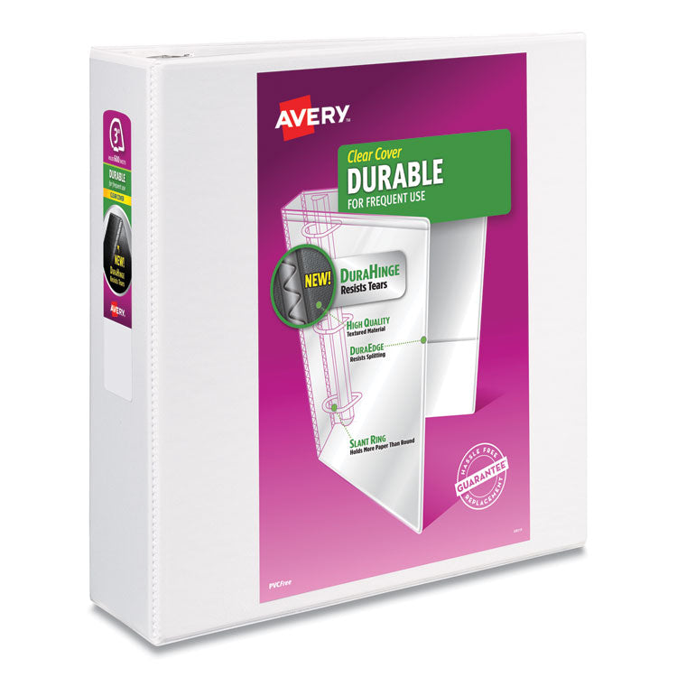 Avery® Durable View Binder with DuraHinge and Slant Rings, 3 Rings, 3" Capacity, 11 x 8.5, White, 4/Pack (AVE17030) Pack of 4