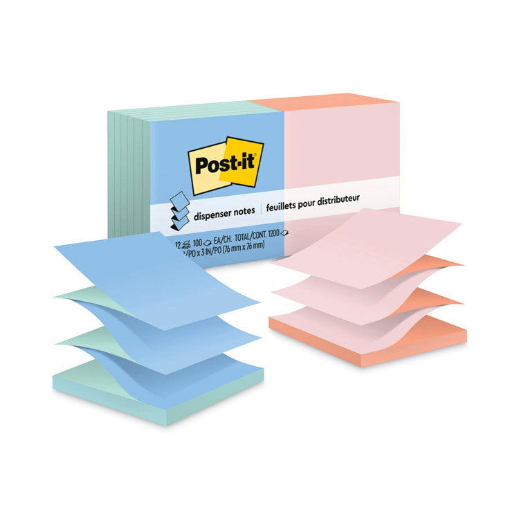 Post-it® Dispenser Notes Original Pop-up Refill, Beachside Cafe Collection Alternating-Color Value Pack, 3" x 3", 100 Sheets/Pad, 12 Pads/Pack (MMMR330UALT) Pack of 12