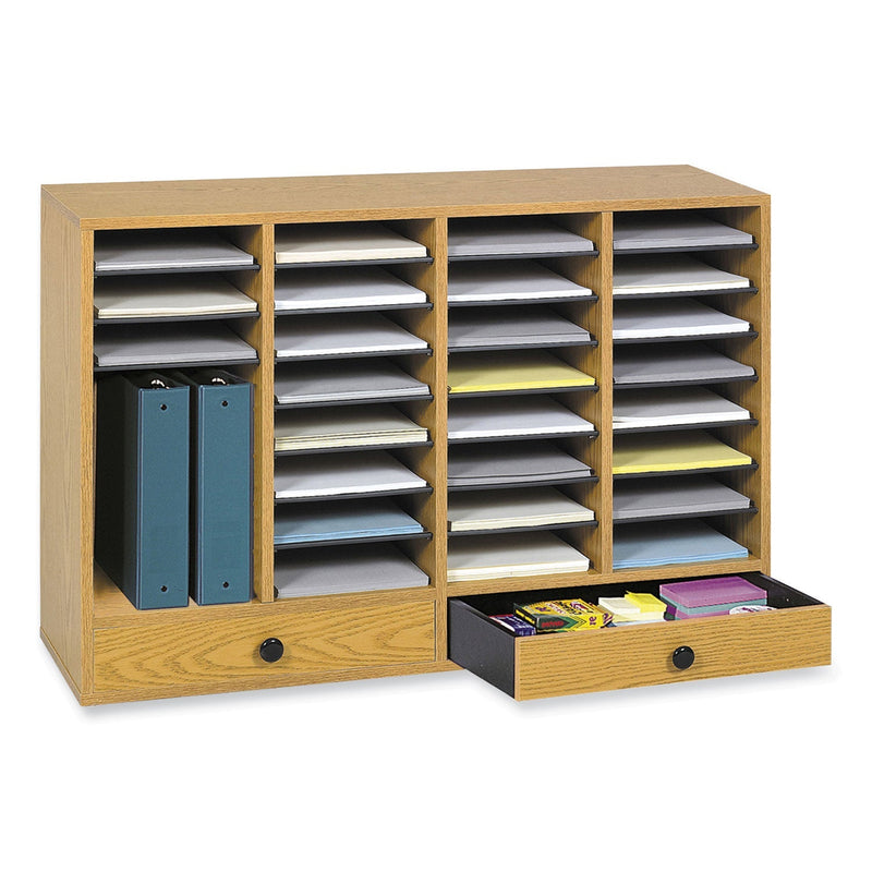 Safco® Wood Adjustable Literature Organizer, 32 Compartments, 39.25 x 11.75 x 25.25, Medium Oak (SAF9494MO) Each