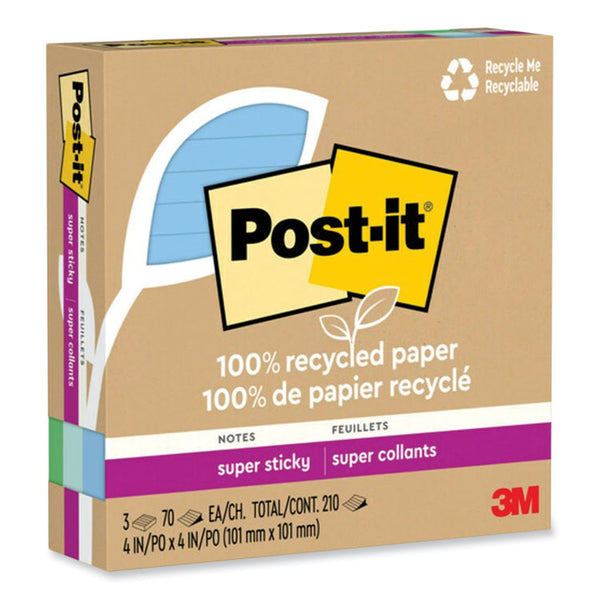 Post-it® Notes Super Sticky 100% Recycled Paper Super Sticky Notes, Ruled, 4" x 4", Oasis, 70 Sheets/Pad, 3 Pads/Pack (MMM675R3SST) Pack of 3