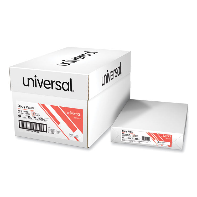 Universal® Copy Paper, 92 Bright, 3-Hole, 20 lb Bond Weight, 8.5 x 11, White, 500 Sheets/Ream, 10 Reams/Carton (UNV28230) 10 Reams